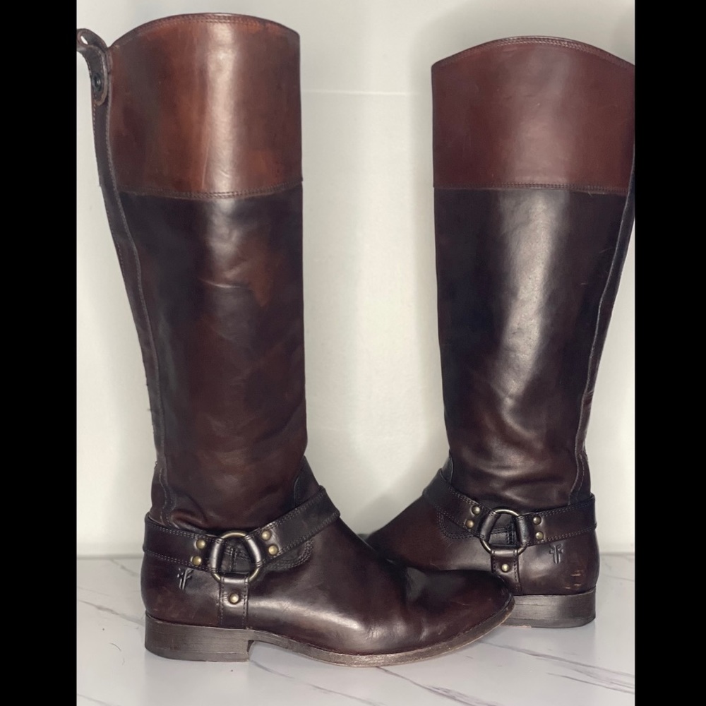 Womens FRYE Melissa Harness Inside Zip Redwood Leather Boots,WOMENS SIZE 9.5